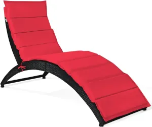 COSTWAY Folding Rattan Lounge Chair Outdoor, Patio Wicker Chaise Lounge with Soft Cushion, Ergonomic Support Shaped for Sunbathing, Beach, Backyard (Red)