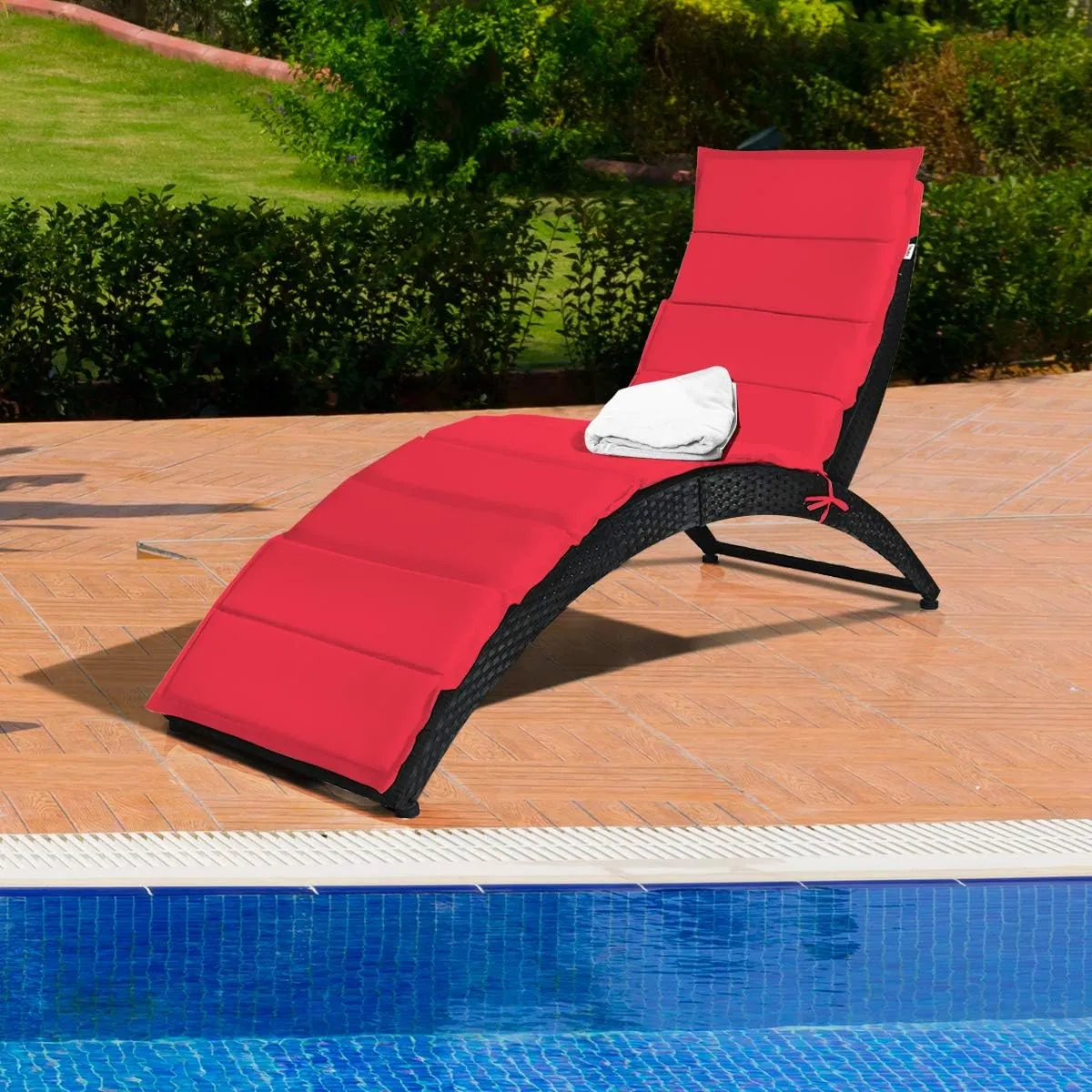 COSTWAY Folding Rattan Lounge Chair Outdoor, Patio Wicker Chaise Lounge with Soft Cushion, Ergonomic Support Shaped for Sunbathing, Beach, Backyard (Red)