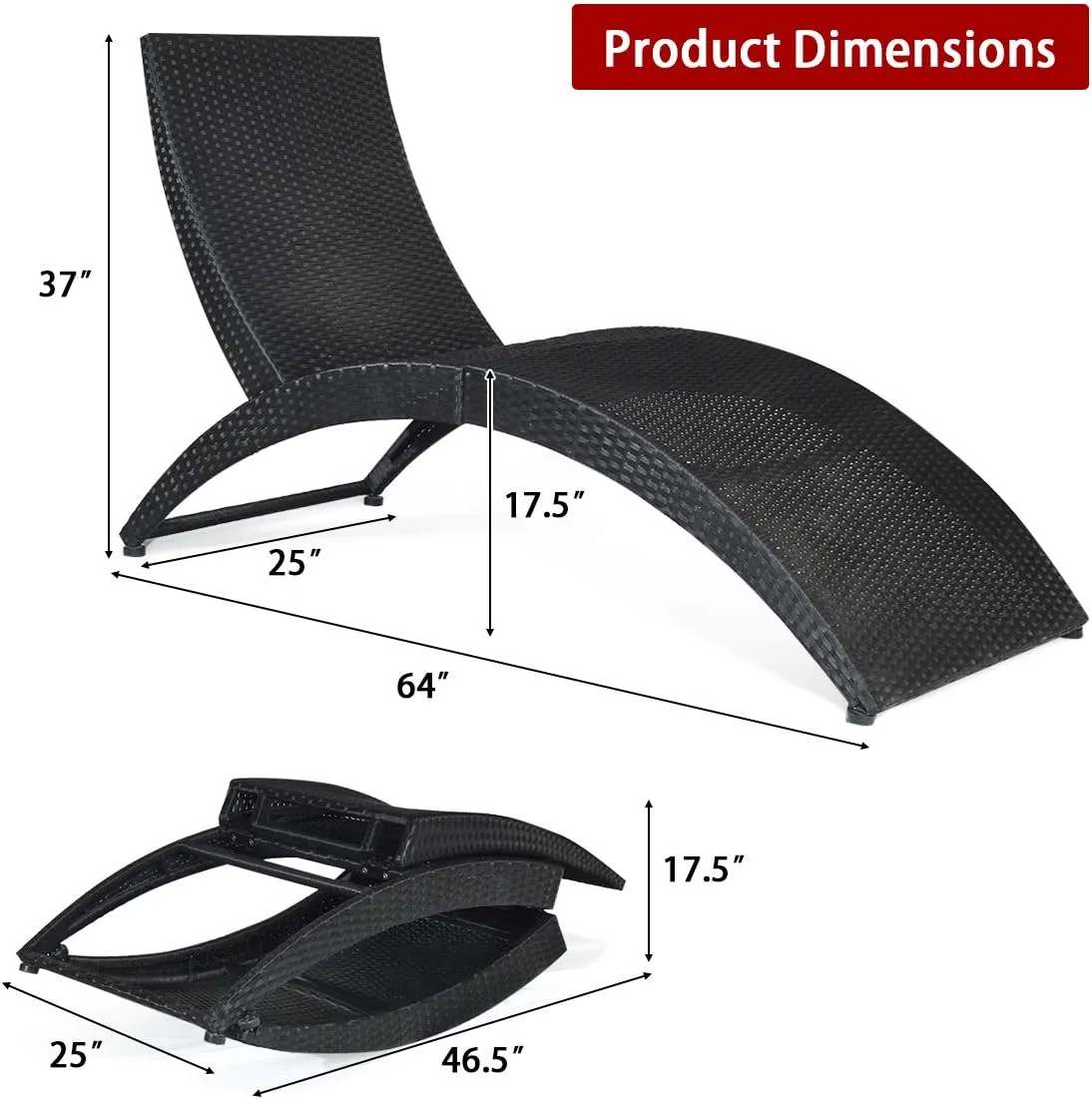 COSTWAY Folding Rattan Lounge Chair Outdoor, Patio Wicker Chaise Lounge with Soft Cushion, Ergonomic Support Shaped for Sunbathing, Beach, Backyard (Red)