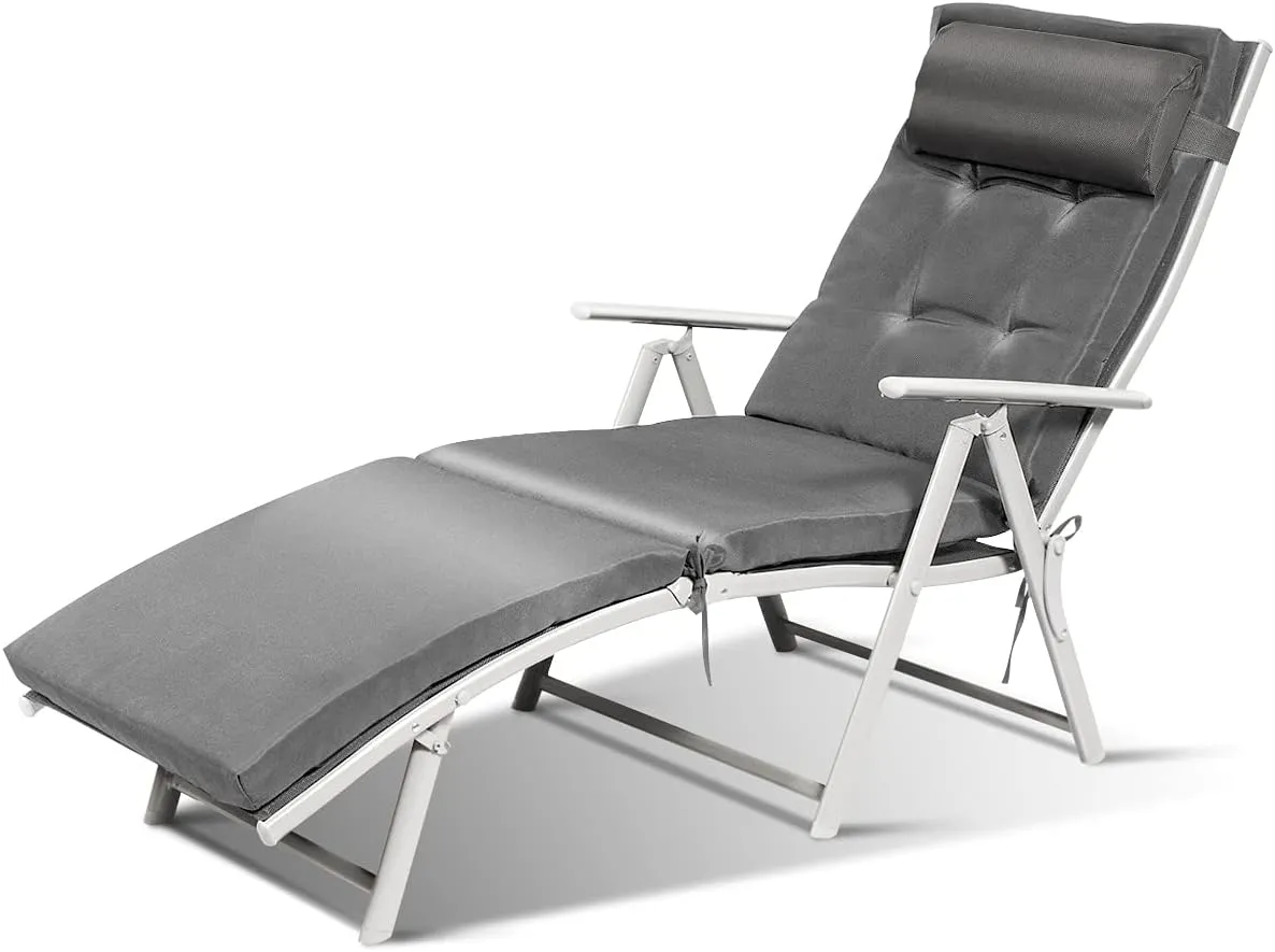 COSTWAY Outdoor Folding Chaise Lounge Chair, Lightweight 7-Gear Adjustable Recliner with Neck Pillow, No Assembly, Ideal for Deck, Patio (Grey)