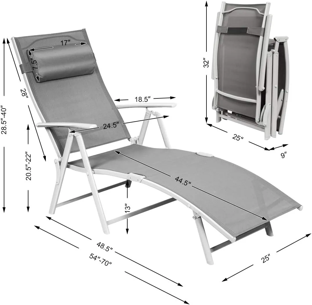COSTWAY Outdoor Folding Chaise Lounge Chair, Lightweight 7-Gear Adjustable Recliner with Neck Pillow, No Assembly, Ideal for Deck, Patio (Grey)