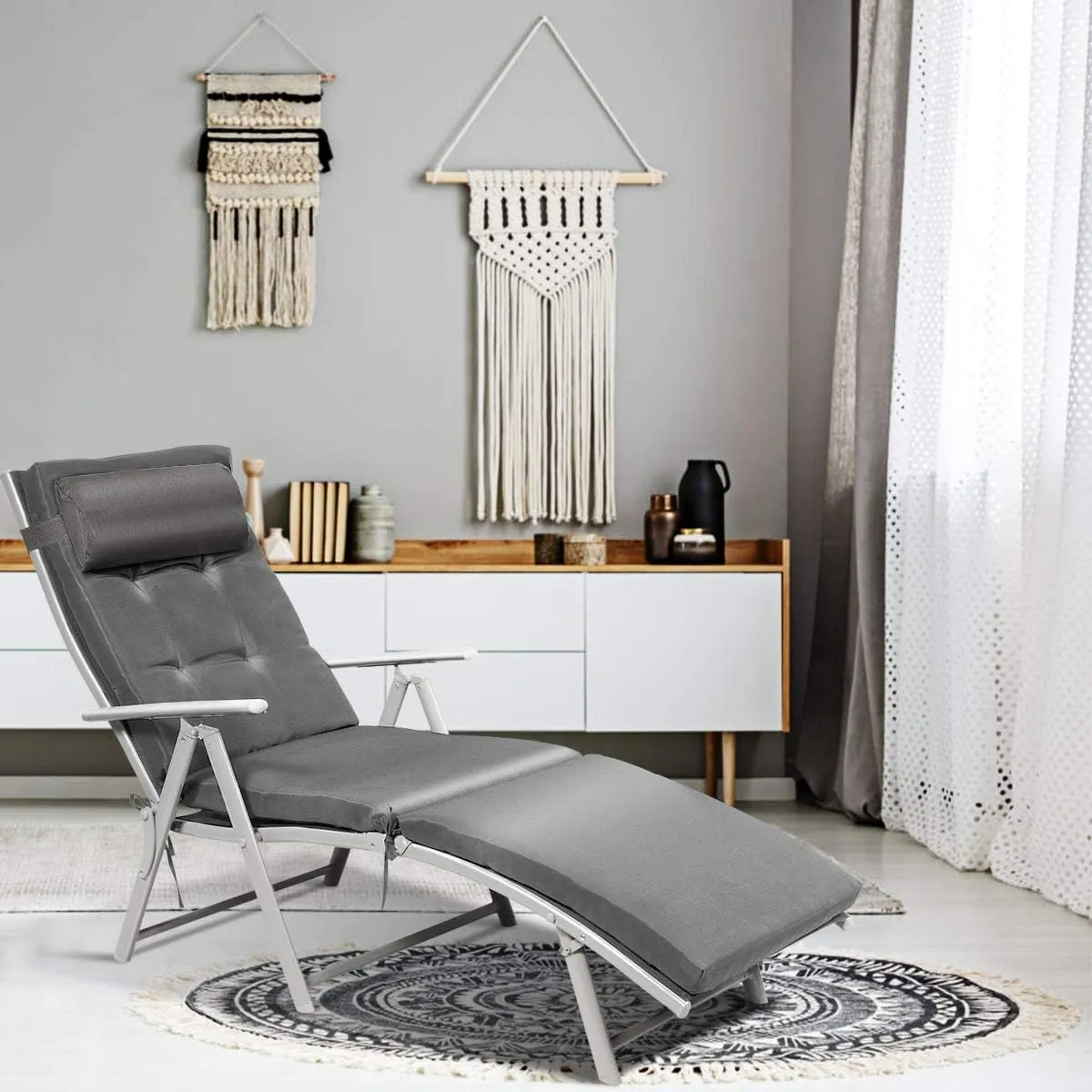 COSTWAY Outdoor Folding Chaise Lounge Chair, Lightweight 7-Gear Adjustable Recliner with Neck Pillow, No Assembly, Ideal for Deck, Patio (Grey)