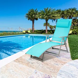 COSTWAY Outdoor Folding Chaise Lounge Chair, Lightweight 7-Gear Adjustable Recliner with Neck Pillow, No Assembly, Ideal for Deck, Patio (Turquoise)