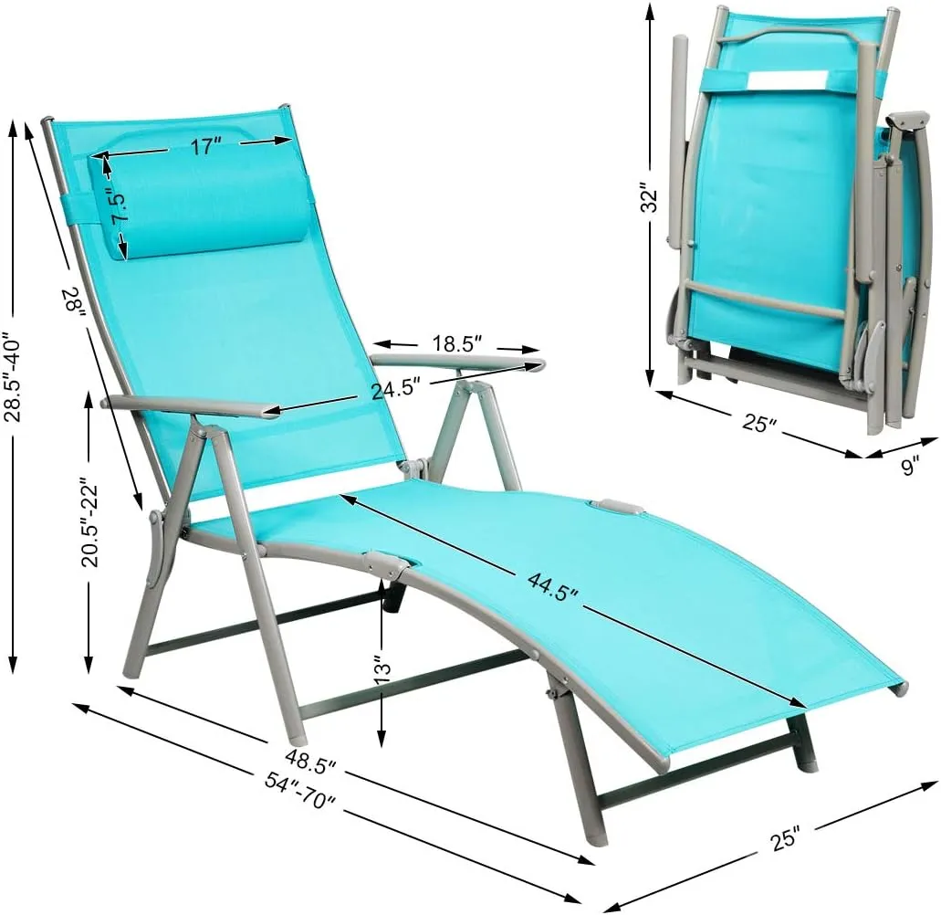 COSTWAY Outdoor Folding Chaise Lounge Chair, Lightweight 7-Gear Adjustable Recliner with Neck Pillow, No Assembly, Ideal for Deck, Patio (Turquoise)