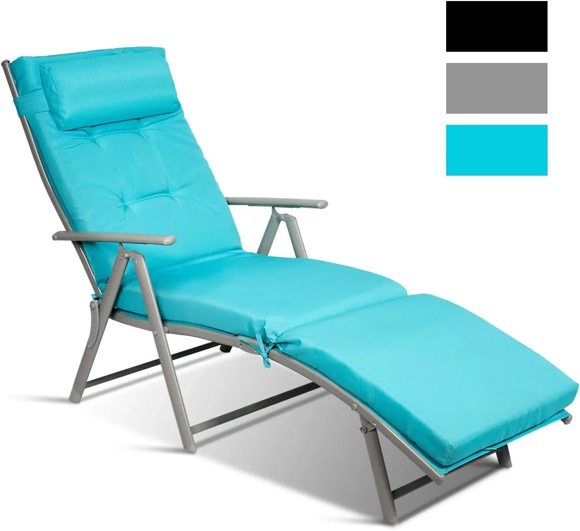 COSTWAY Outdoor Folding Chaise Lounge Chair, Lightweight 7-Gear Adjustable Recliner with Neck Pillow, No Assembly, Ideal for Deck, Patio (Turquoise)