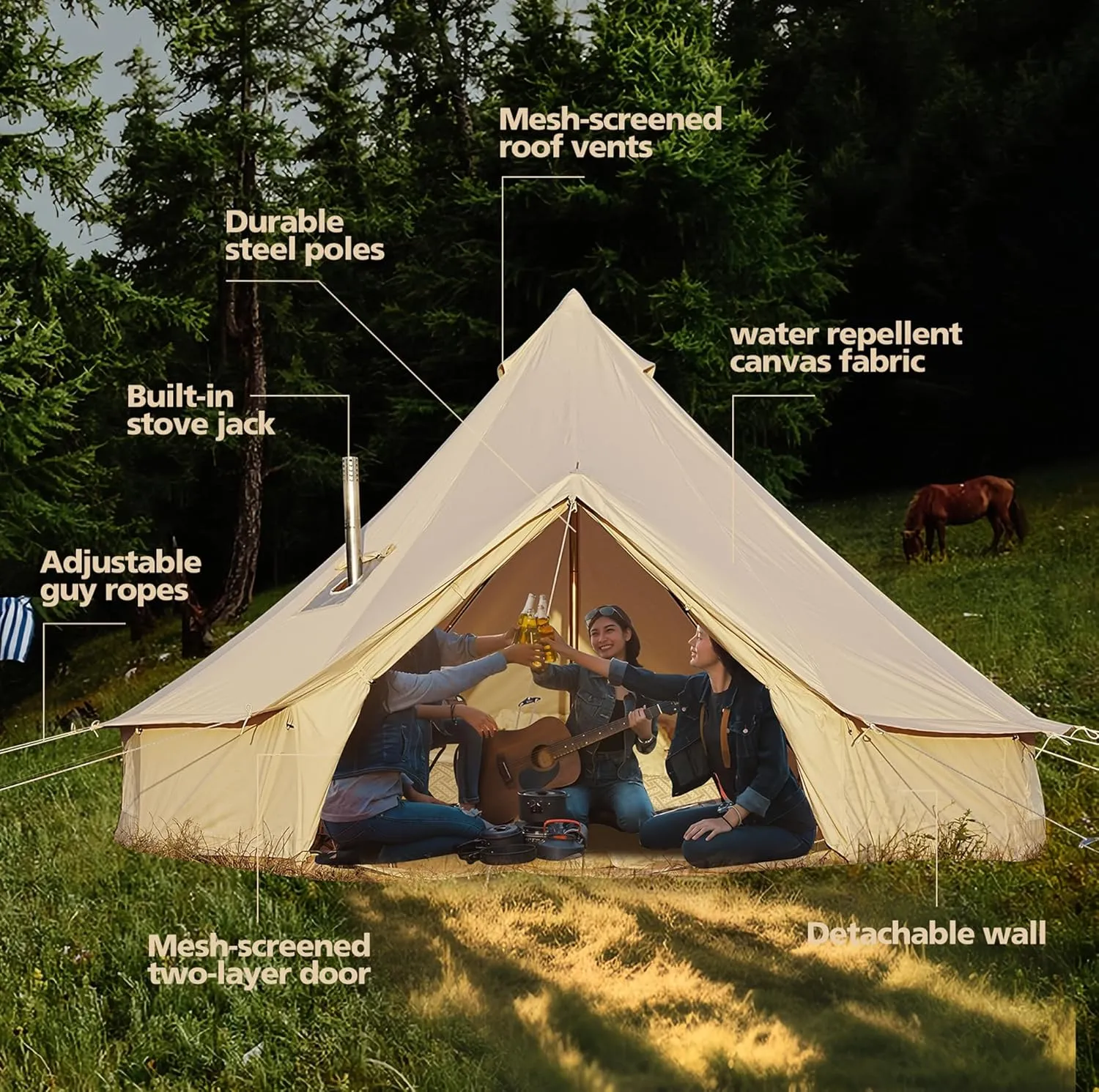 Cotton Canvas Bell Tent, Waterproof Large Tents with Sturdy Center & Door Pole and Space for 4/6/8 Person All 4 Season Camping Yurt Tent