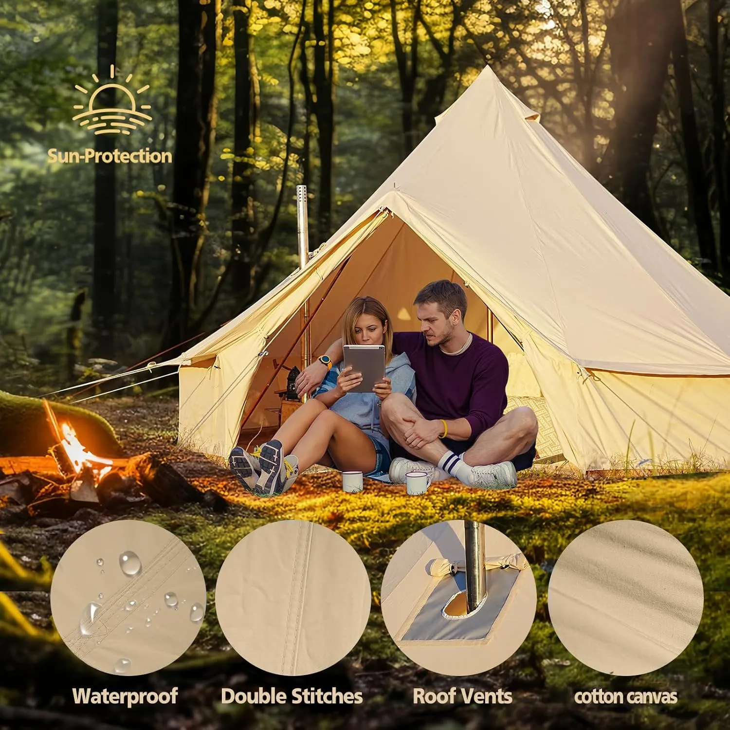 Cotton Canvas Bell Tent, Waterproof Large Tents with Sturdy Center & Door Pole and Space for 4/6/8 Person All 4 Season Camping Yurt Tent
