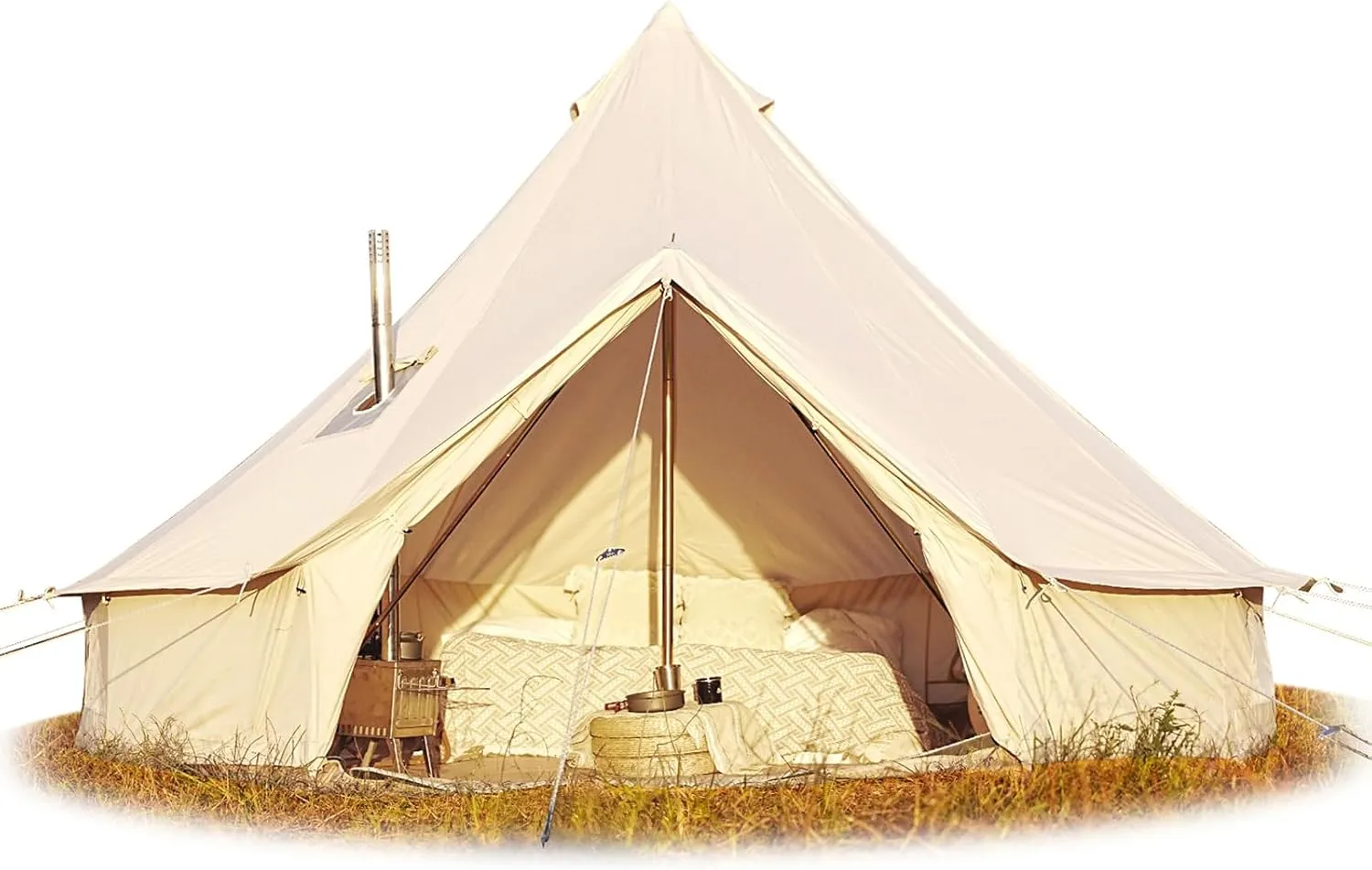 Cotton Canvas Bell Tent, Waterproof Large Tents with Sturdy Center & Door Pole and Space for 4/6/8 Person All 4 Season Camping Yurt Tent