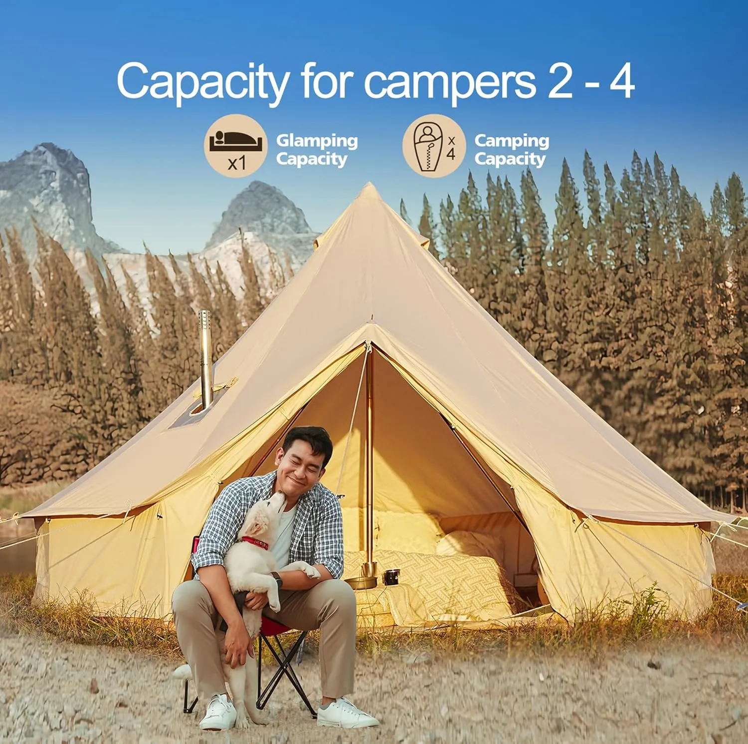 Cotton Canvas Bell Tent, Waterproof Large Tents with Sturdy Center & Door Pole and Space for 4/6/8 Person All 4 Season Camping Yurt Tent