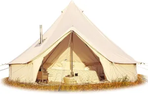 Cotton Canvas Bell Tent, Waterproof Large Tents with Sturdy Center & Door Pole and Space for 4/6/8 Person All 4 Season Camping Yurt Tent