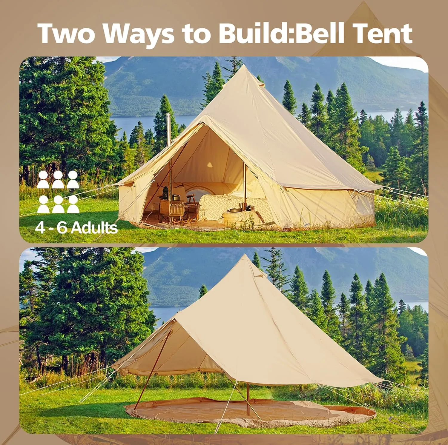 Cotton Canvas Bell Tent, Waterproof Large Tents with Sturdy Center & Door Pole and Space for 4/6/8 Person All 4 Season Camping Yurt Tent