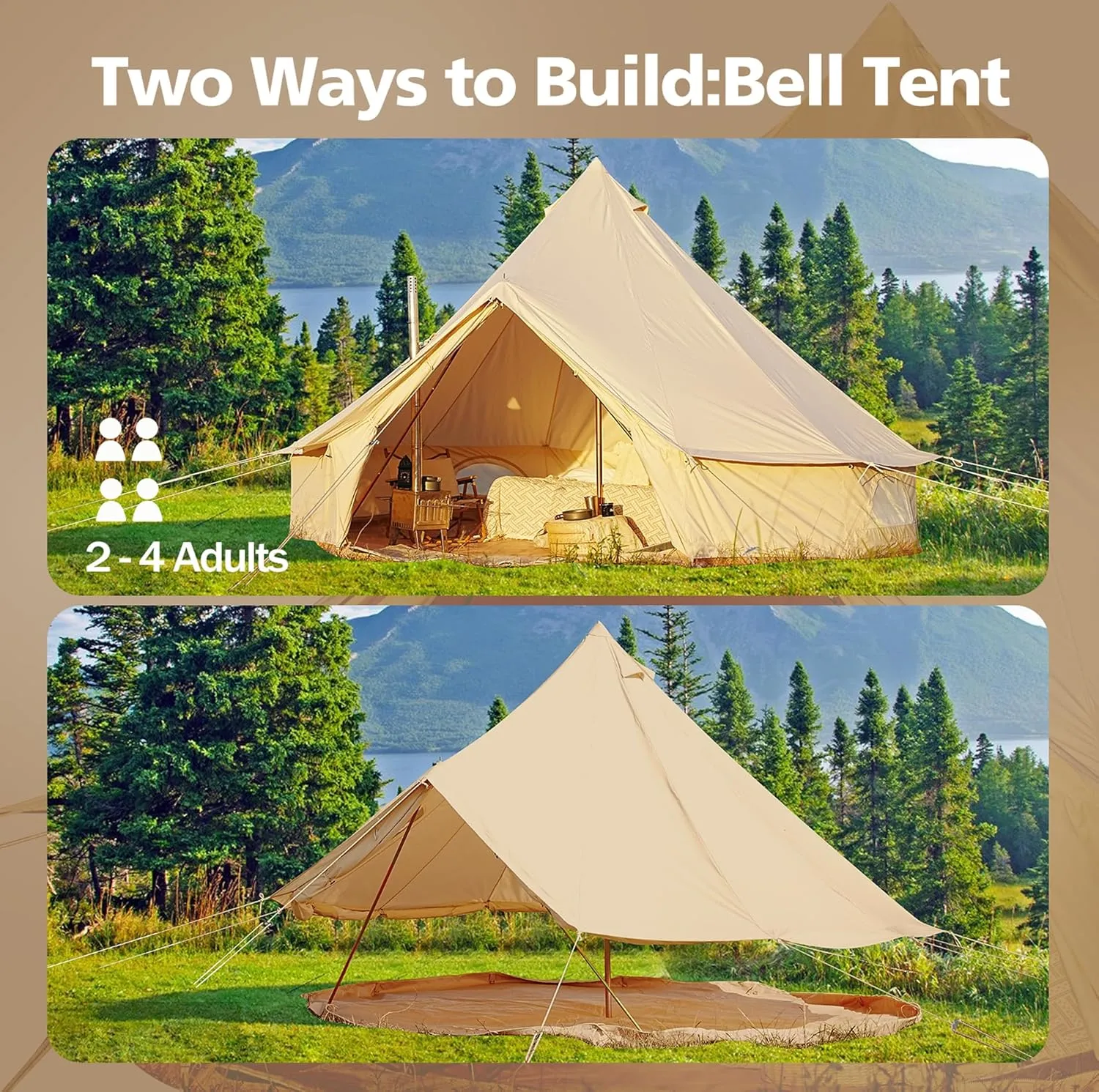 Cotton Canvas Bell Tent, Waterproof Large Tents with Sturdy Center & Door Pole and Space for 4/6/8 Person All 4 Season Camping Yurt Tent