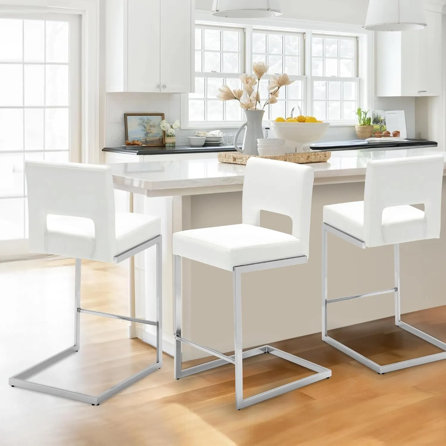 Counter Height Bar Stools Set of 3, Modern Counter Stools PU Leather Barstools with Hollow Back, 26" H Upholstered Armless Kitchen Island Stools White Bar Chairs with Chrome Metal Frame
