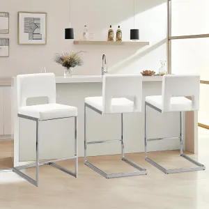 Counter Height Bar Stools Set of 3, Modern Counter Stools PU Leather Barstools with Hollow Back, 26" H Upholstered Armless Kitchen Island Stools White Bar Chairs with Chrome Metal Frame