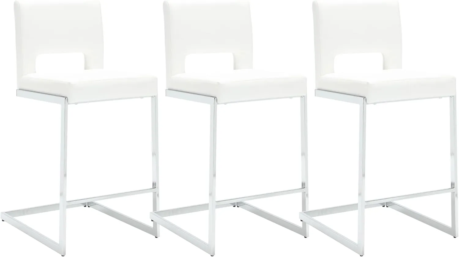 Counter Height Bar Stools Set of 3, Modern Counter Stools PU Leather Barstools with Hollow Back, 26" H Upholstered Armless Kitchen Island Stools White Bar Chairs with Chrome Metal Frame