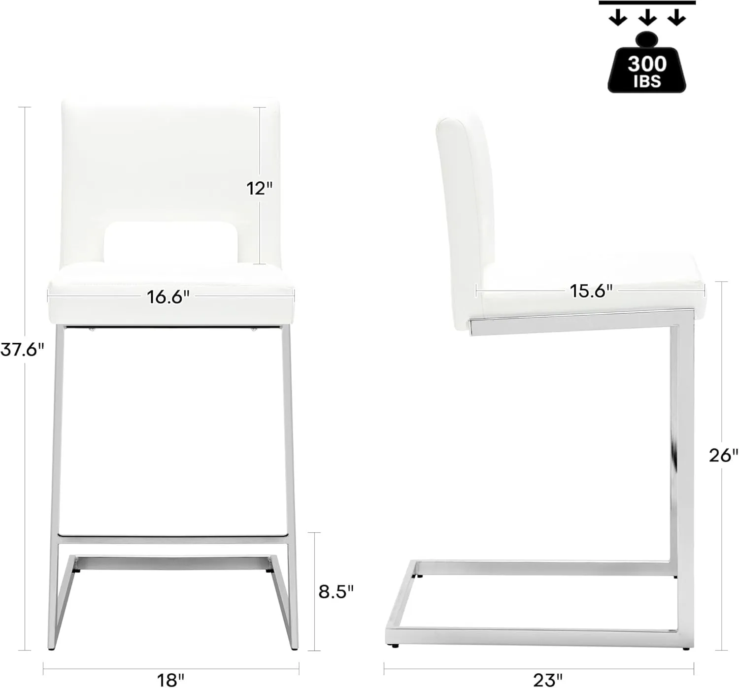 Counter Height Bar Stools Set of 3, Modern Counter Stools PU Leather Barstools with Hollow Back, 26" H Upholstered Armless Kitchen Island Stools White Bar Chairs with Chrome Metal Frame