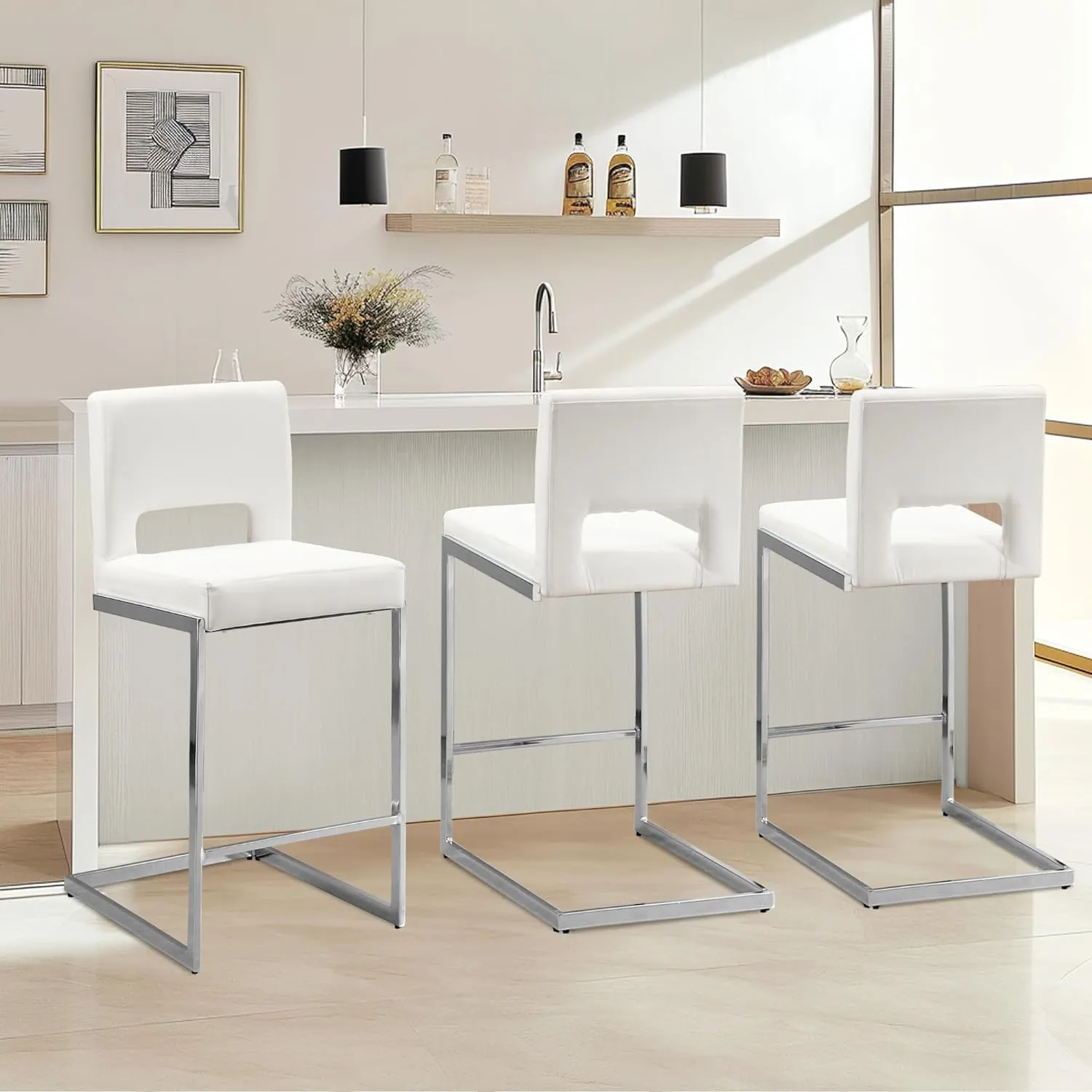 Counter Height Bar Stools Set of 3, Modern Counter Stools PU Leather Barstools with Hollow Back, 26" H Upholstered Armless Kitchen Island Stools White Bar Chairs with Chrome Metal Frame