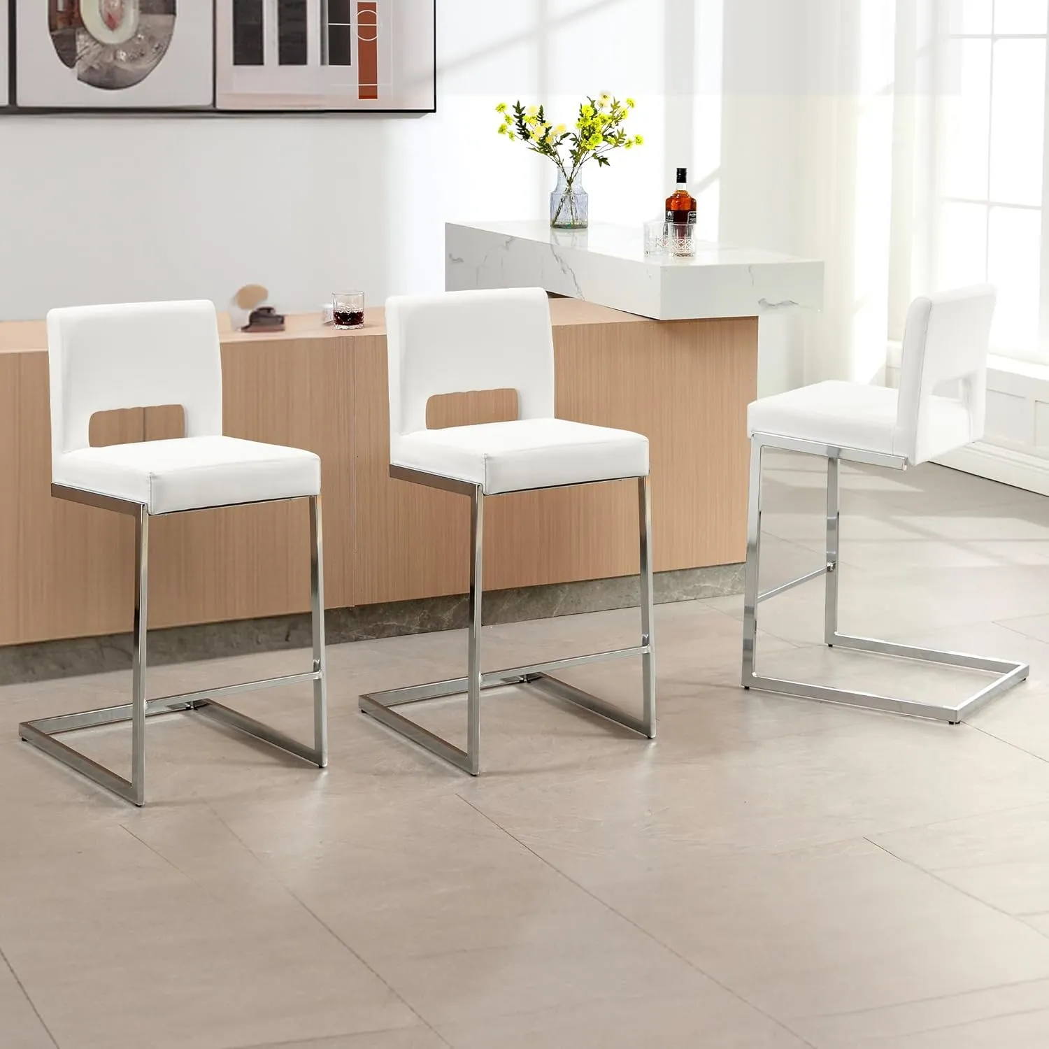 Counter Height Bar Stools Set of 3, Modern Counter Stools PU Leather Barstools with Hollow Back, 26" H Upholstered Armless Kitchen Island Stools White Bar Chairs with Chrome Metal Frame