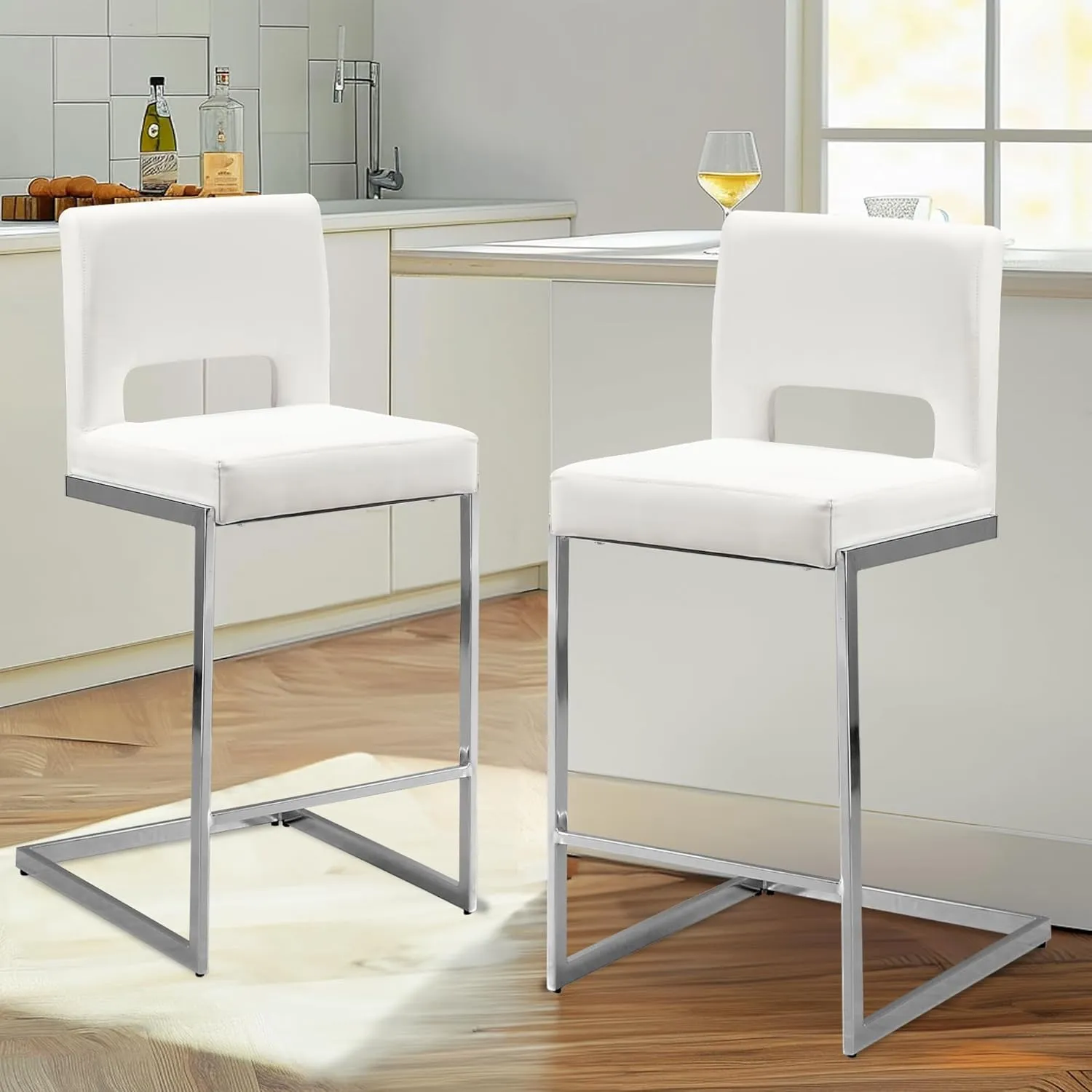 Counter Height Bar Stools Set of 3, Modern Counter Stools PU Leather Barstools with Hollow Back, 26" H Upholstered Armless Kitchen Island Stools White Bar Chairs with Chrome Metal Frame