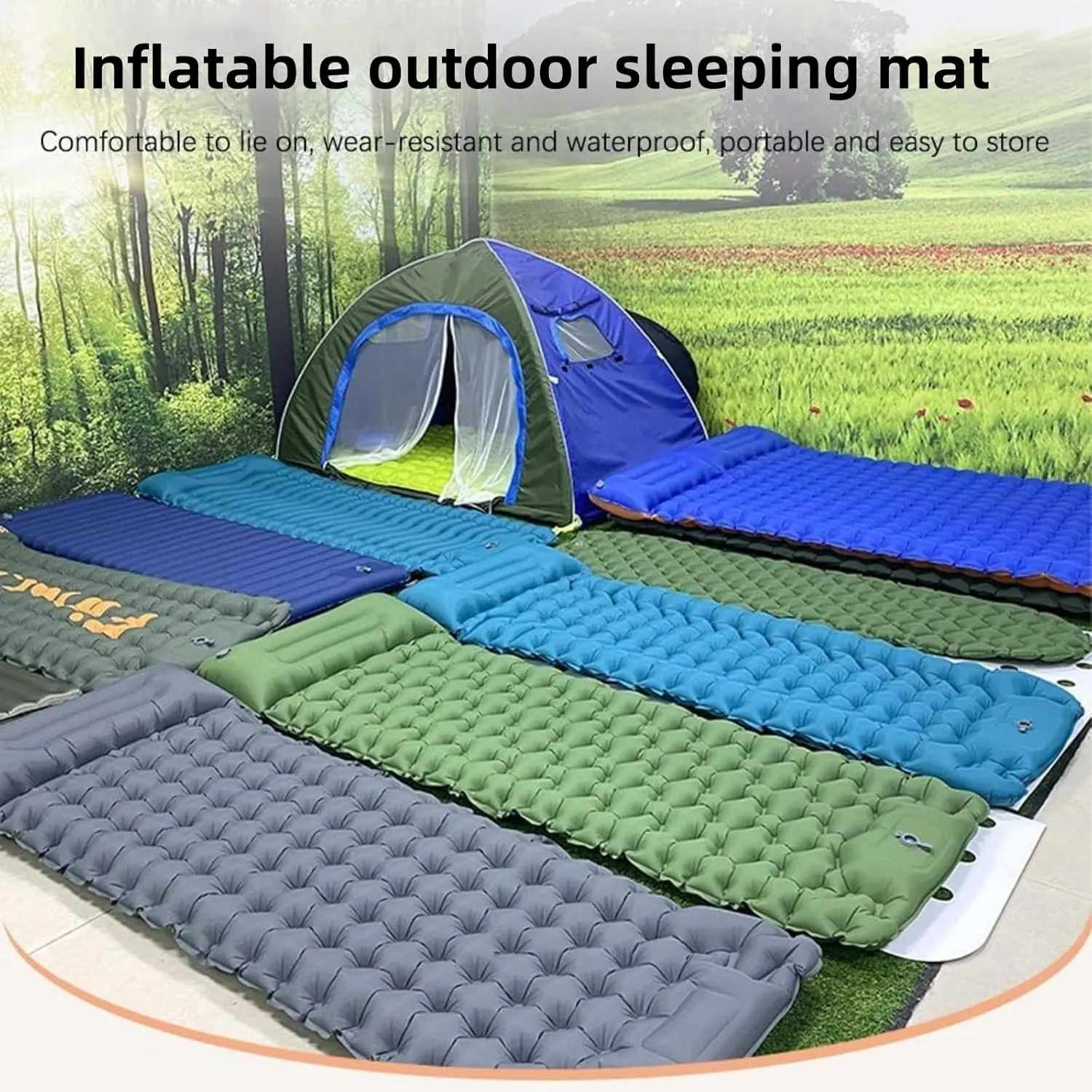 Coziya Matelas, Portable Waterproof Sleeping Pad, Ultralight Inflatable Camping Mattress, Built-in Pillow and Anti-Slip Design, for Camping, Travel, Home, Office (Light Green)