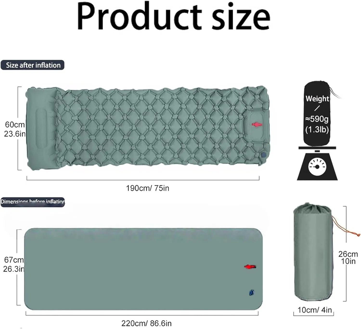 Coziya Matelas, Portable Waterproof Sleeping Pad, Ultralight Inflatable Camping Mattress, Built-in Pillow and Anti-Slip Design, for Camping, Travel, Home, Office (Light Green)
