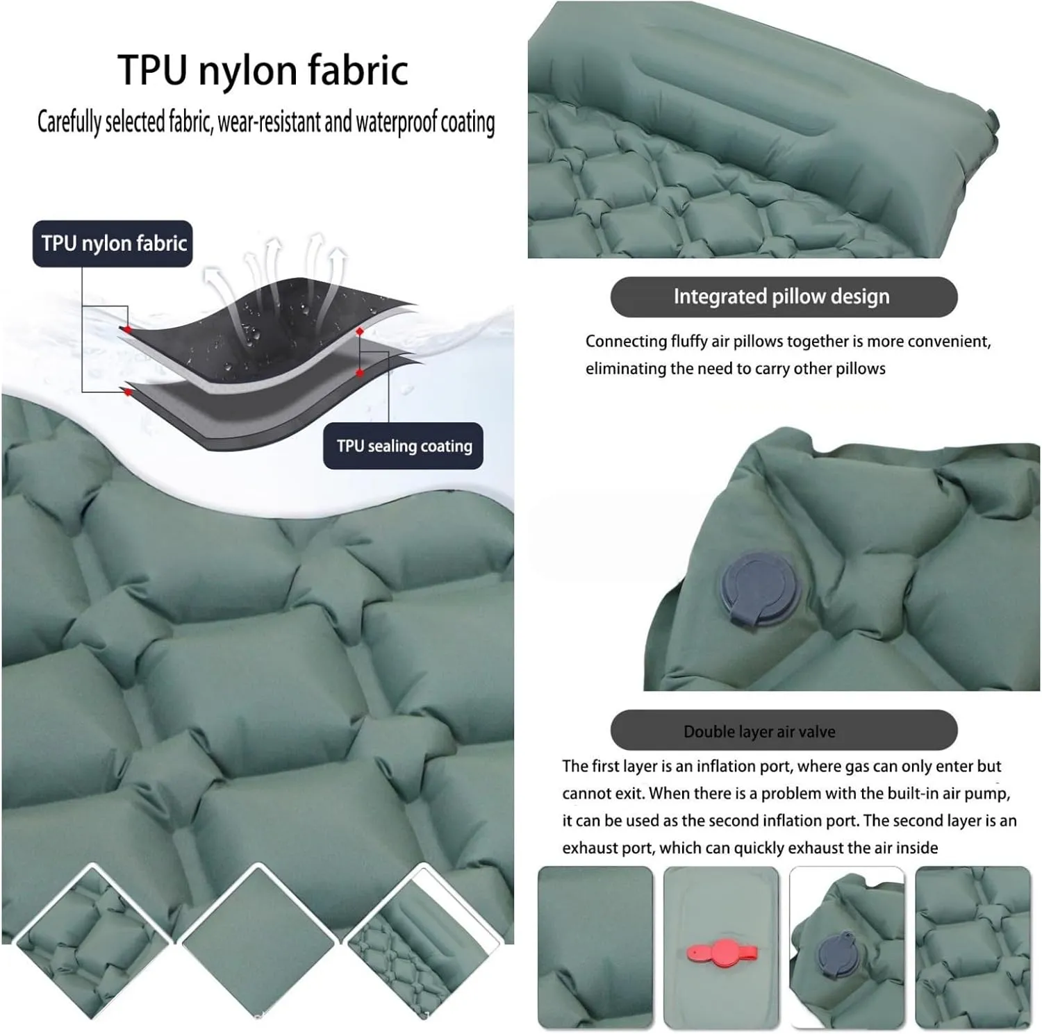 Coziya Matelas, Portable Waterproof Sleeping Pad, Ultralight Inflatable Camping Mattress, Built-in Pillow and Anti-Slip Design, for Camping, Travel, Home, Office (Light Green)