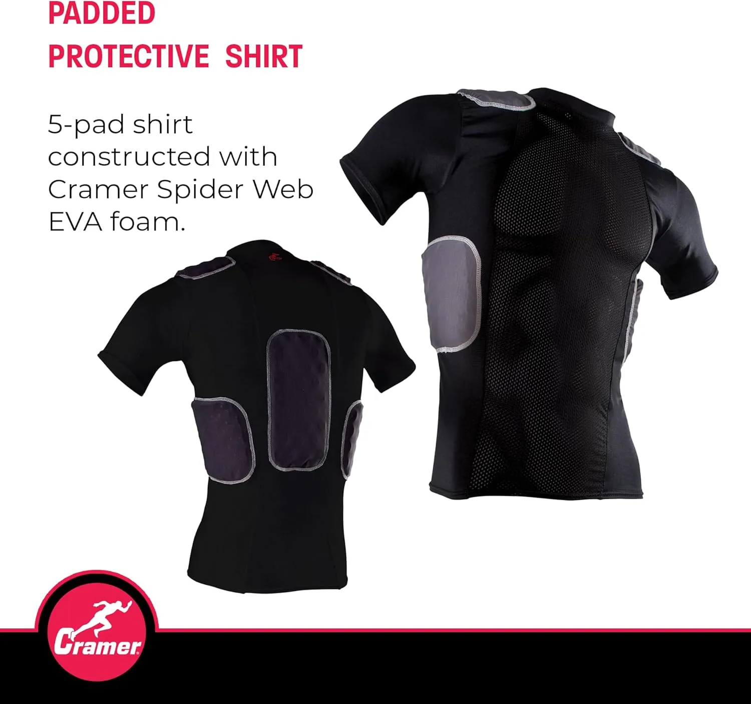 Cramer Lightning 5 Pad Youth Football Shirt with Integrated Rib, Spine and Clavicle Pads, Youth Football Padded Compression Shirt, Rib Protector Shirt, Padded Basketball Shirt, Black, Youth Large