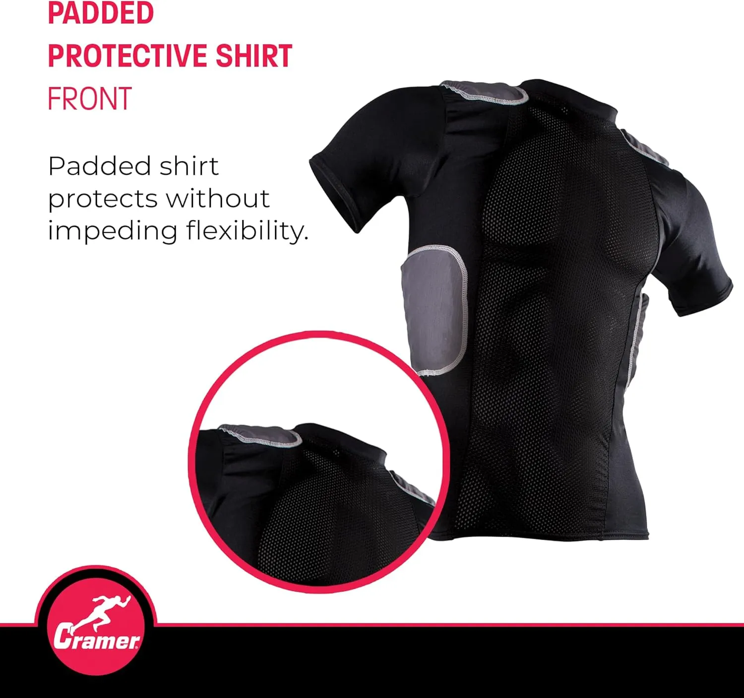 Cramer Lightning 5 Pad Youth Football Shirt with Integrated Rib, Spine and Clavicle Pads, Youth Football Padded Compression Shirt, Rib Protector Shirt, Padded Basketball Shirt, Black, Youth Large