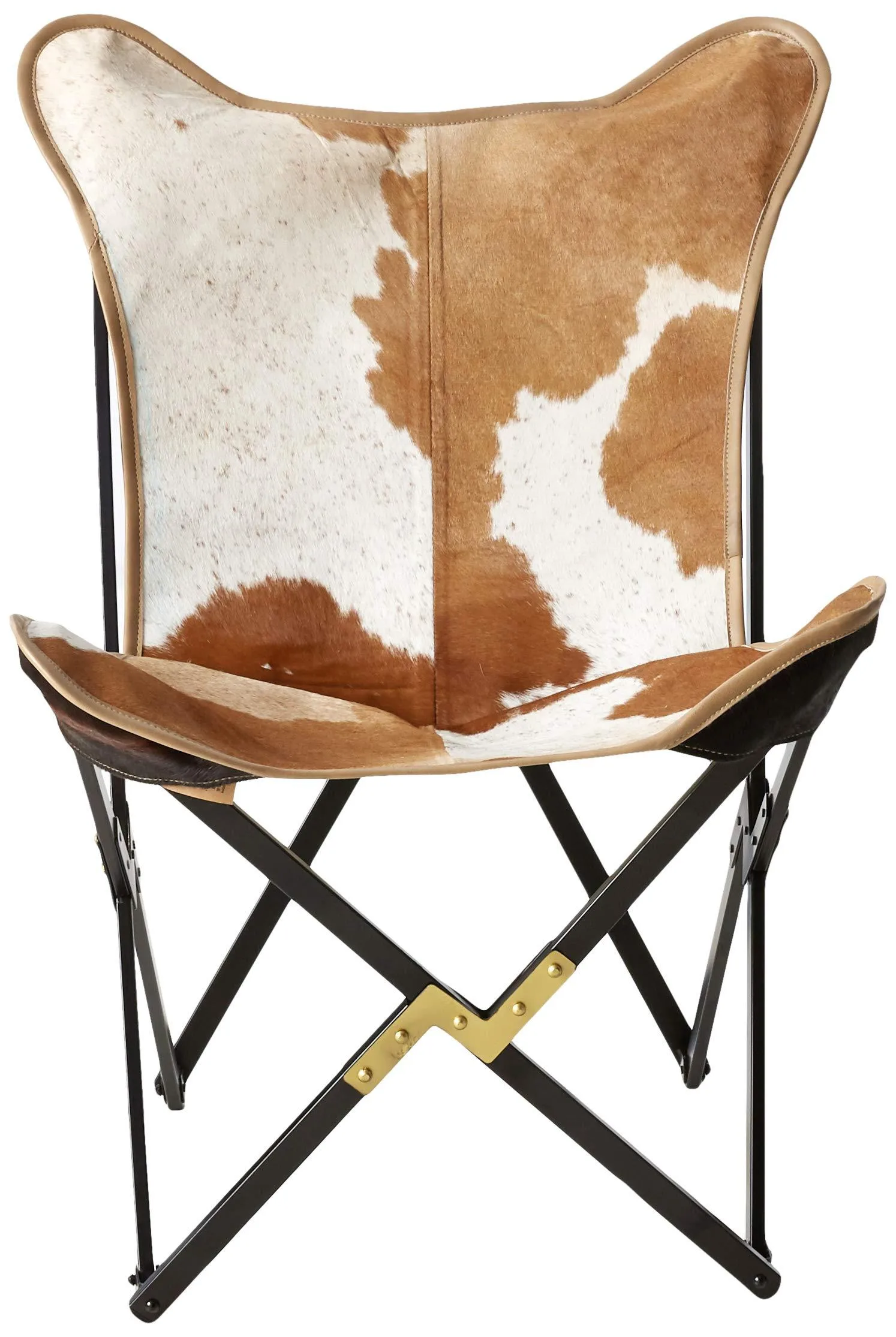 Creative Co-Op Cowhide Folding Butterfly Chair with Black & Gold Metal Base (Each one will vary)