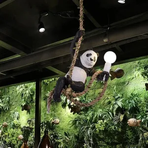 Creative Resin Panda Pendant Light Fixture with Rope Rod – Black and White, 1-Bulb Hanging Lamp Kit