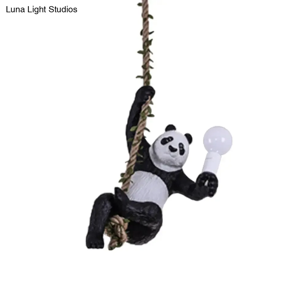 Creative Resin Panda Pendant Light Fixture with Rope Rod – Black and White, 1-Bulb Hanging Lamp Kit