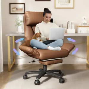 Cross Legged Office Chair with Arms, Criss Cross Desk Chair, High Bcak Big and Tall Office Chair with Foot Rest, Reversible Armrests & Wide Seat Reclining Desk Chair, Brown