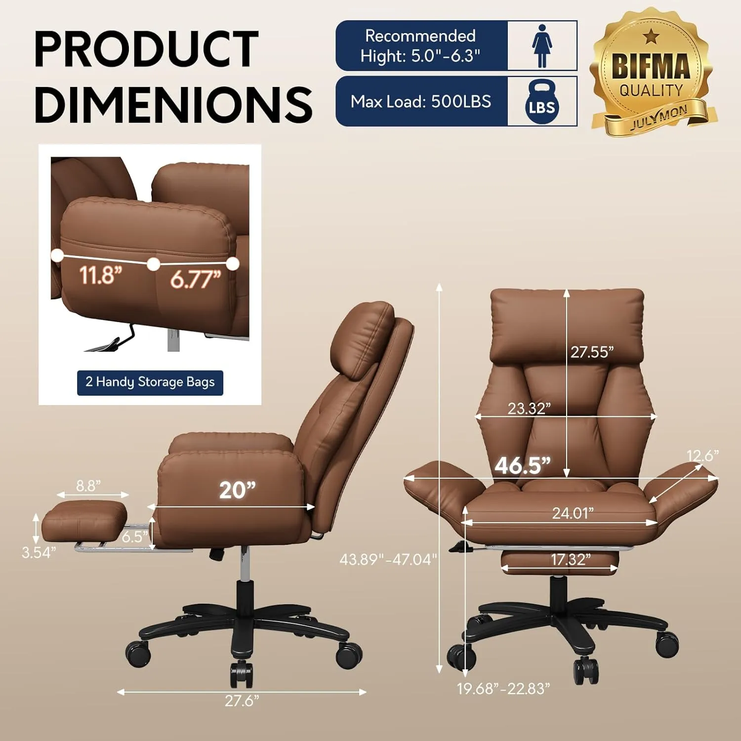 Cross Legged Office Chair with Arms, Criss Cross Desk Chair, High Bcak Big and Tall Office Chair with Foot Rest, Reversible Armrests & Wide Seat Reclining Desk Chair, Brown
