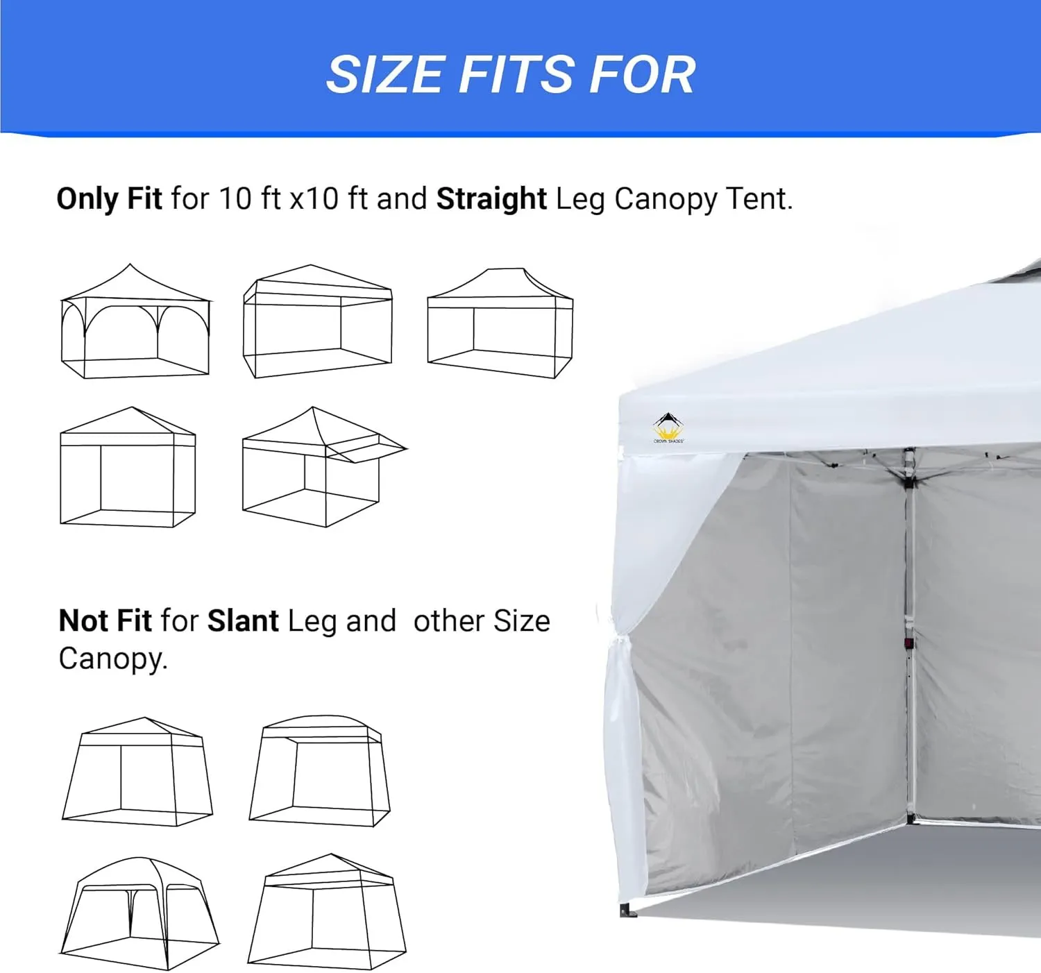 CROWN SHADES 10x10 Canopy Sidewalls (4pck) - Canopy Walls 10x10, Sidewalls for Canopy - Canopy Cover, Canopy Accessories, White