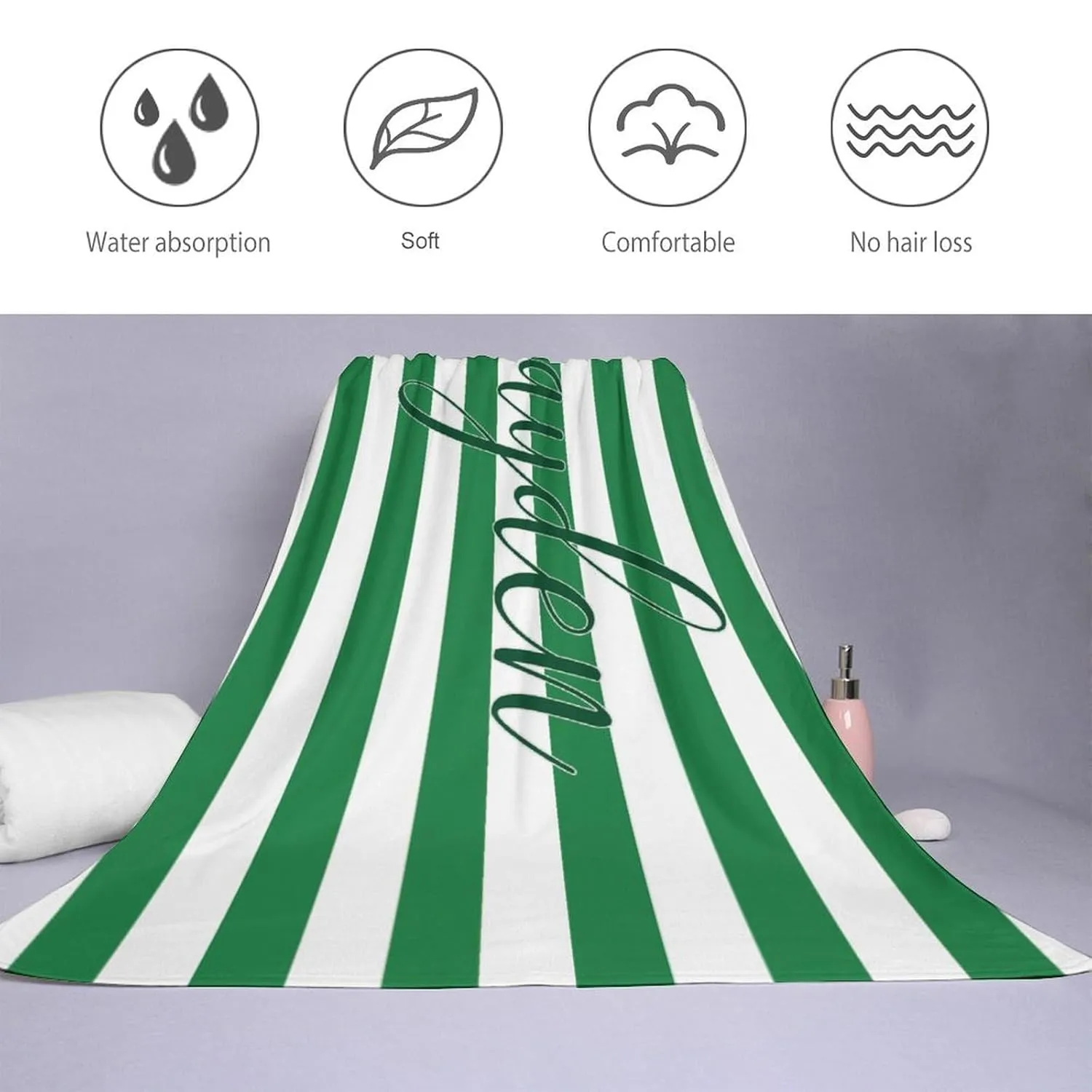 Customized Dark Green Hunter Green Beach Towel for Kids Toddler Boy Gift Custom Dark Green Pool Towels Designer Microfiber Minimalist Striped Swimming Towel for Girl Bathroom