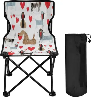 Cute Dog Love Portable Outdoor Folding Chair Anti-Slip Padded Oxford Cloth Stool Camping Chair Small for Beach Hiking Fishing Gardening Quad Camp Chair