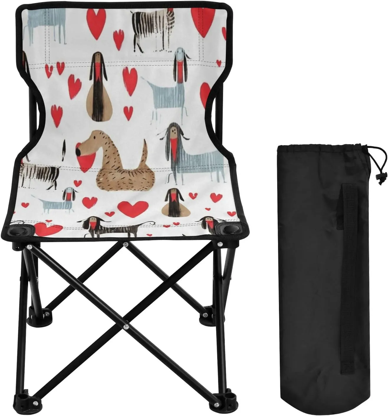 Cute Dog Love Portable Outdoor Folding Chair Anti-Slip Padded Oxford Cloth Stool Camping Chair Small for Beach Hiking Fishing Gardening Quad Camp Chair