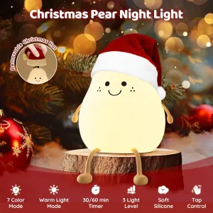 Cute Night Light Rechargeable with 7 Color Changing and Timer, Kids Pear Night Light for Toddler Baby Christmas Gifts, Touch Portable LED Silicone Lamp for Nursery