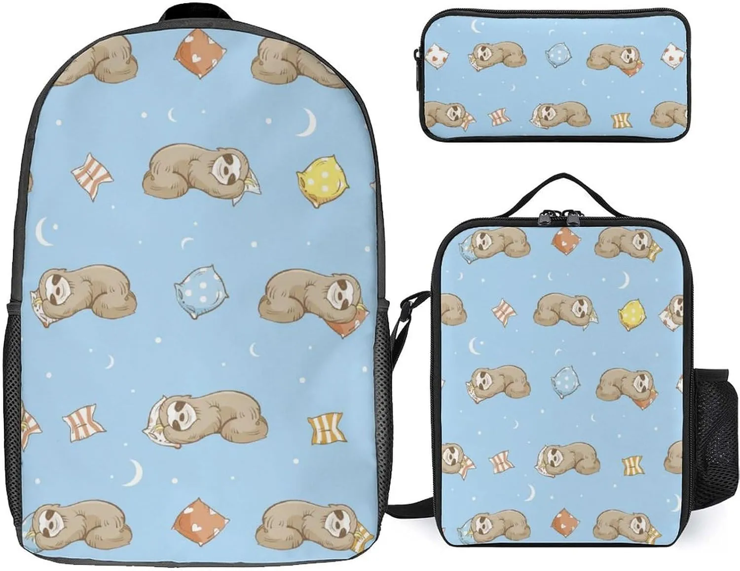 Cute Sloth on Sleeping Pattern 3 Piece Backpack Sets With Lunch Bag Pencil Case Combination Hiking Travel Work