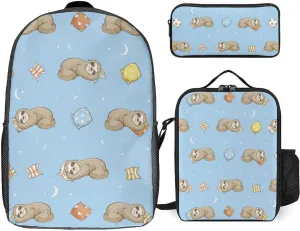 Cute Sloth on Sleeping Pattern 3 Piece Backpack Sets With Lunch Bag Pencil Case Combination Hiking Travel Work