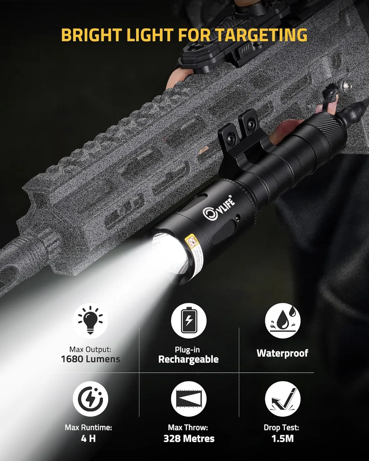 CVLIFE 1680 Lumens Rifle Light Laser Combo Compatible with M-Rail, USB Rechargeable Rifle Flashlight with Aiming Green Beam, Tactical Light for Rifle, Pressure Remote Switch Included