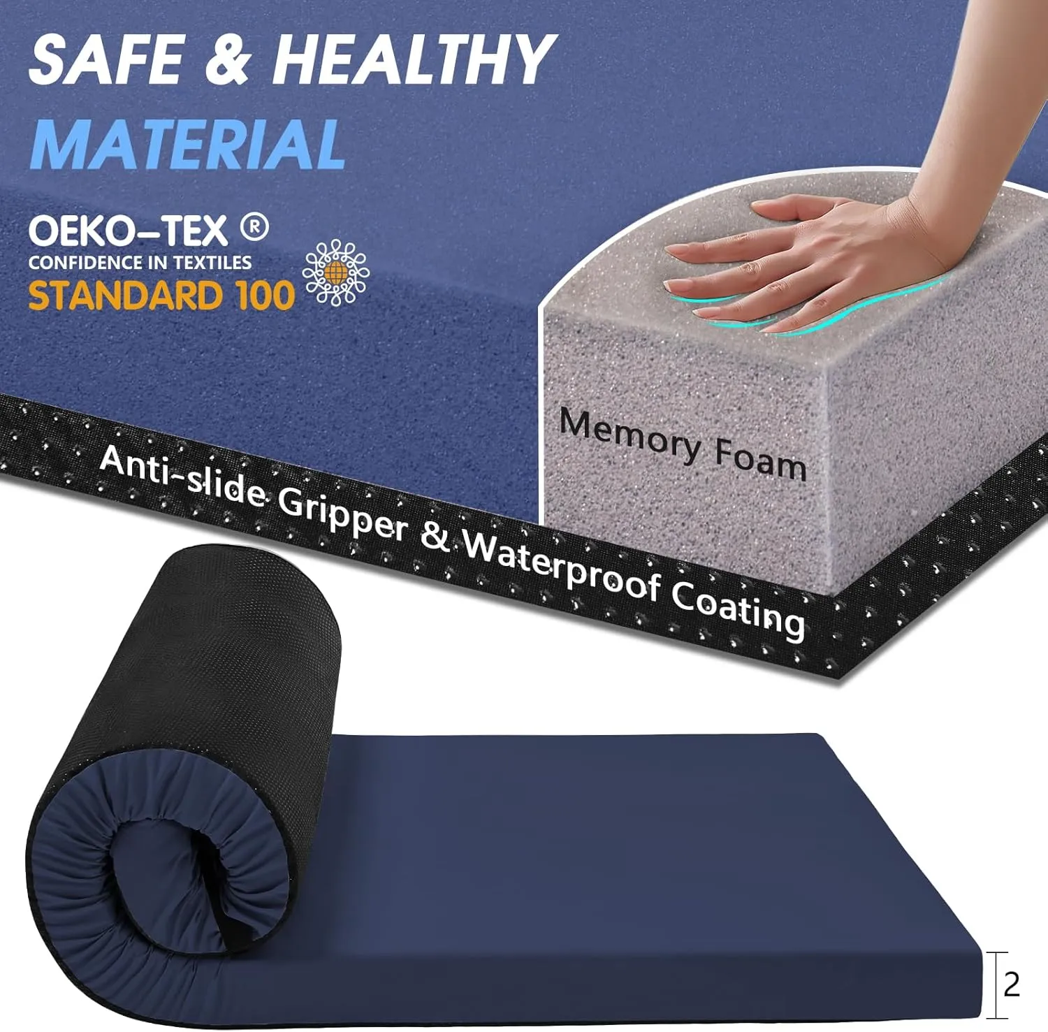 CYMULA Camping Cot Mattress 2in Memory Foam Sleeping Pad,Soft Warm Non-Slip Camping Mattress Topper with Retaining for Adults,Portable Roll up Mattress Pad for Travel (75 x30)（only Mattress）