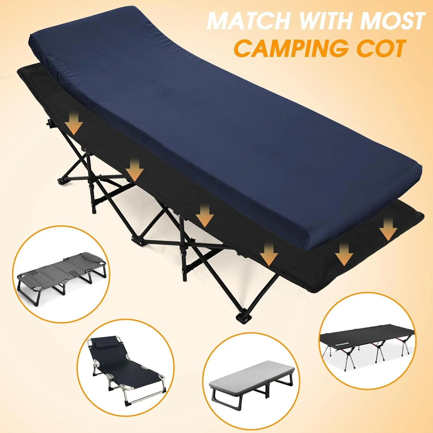 CYMULA Camping Cot Mattress 2in Memory Foam Sleeping Pad,Soft Warm Non-Slip Camping Mattress Topper with Retaining for Adults,Portable Roll up Mattress Pad for Travel (75 x30)（only Mattress）