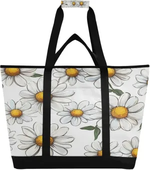 Daisy Flowers Reusable Insulated Lunchbox Cooler Bag, Leakproof Kitchen Grocery Bag Collapsible Portable Cooler Tote Bag for Picnic, Camping, Office, Travel