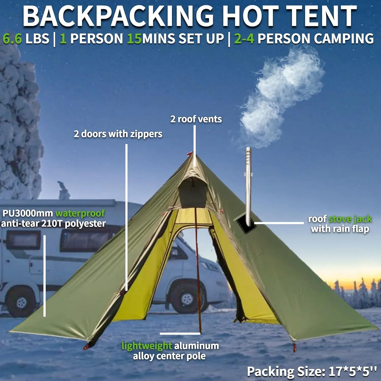 DANCHEL OUTDOOR Backpacking Hot Tent with Stove Jack for 2/4 Person Camping, 4 Season Lighweight Teepee Tent for Hunting Winter Solo Camping,10.5ft/13ft