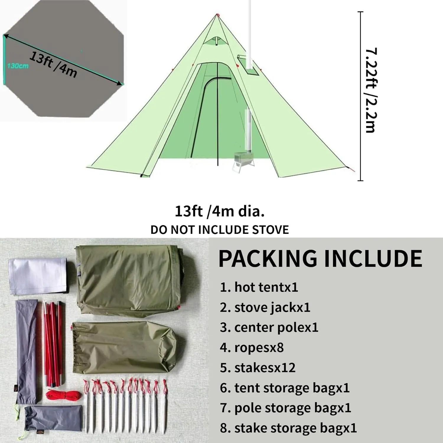 DANCHEL OUTDOOR Backpacking Hot Tent with Stove Jack for 2/4 Person Camping, 4 Season Lighweight Teepee Tent for Hunting Winter Solo Camping,10.5ft/13ft