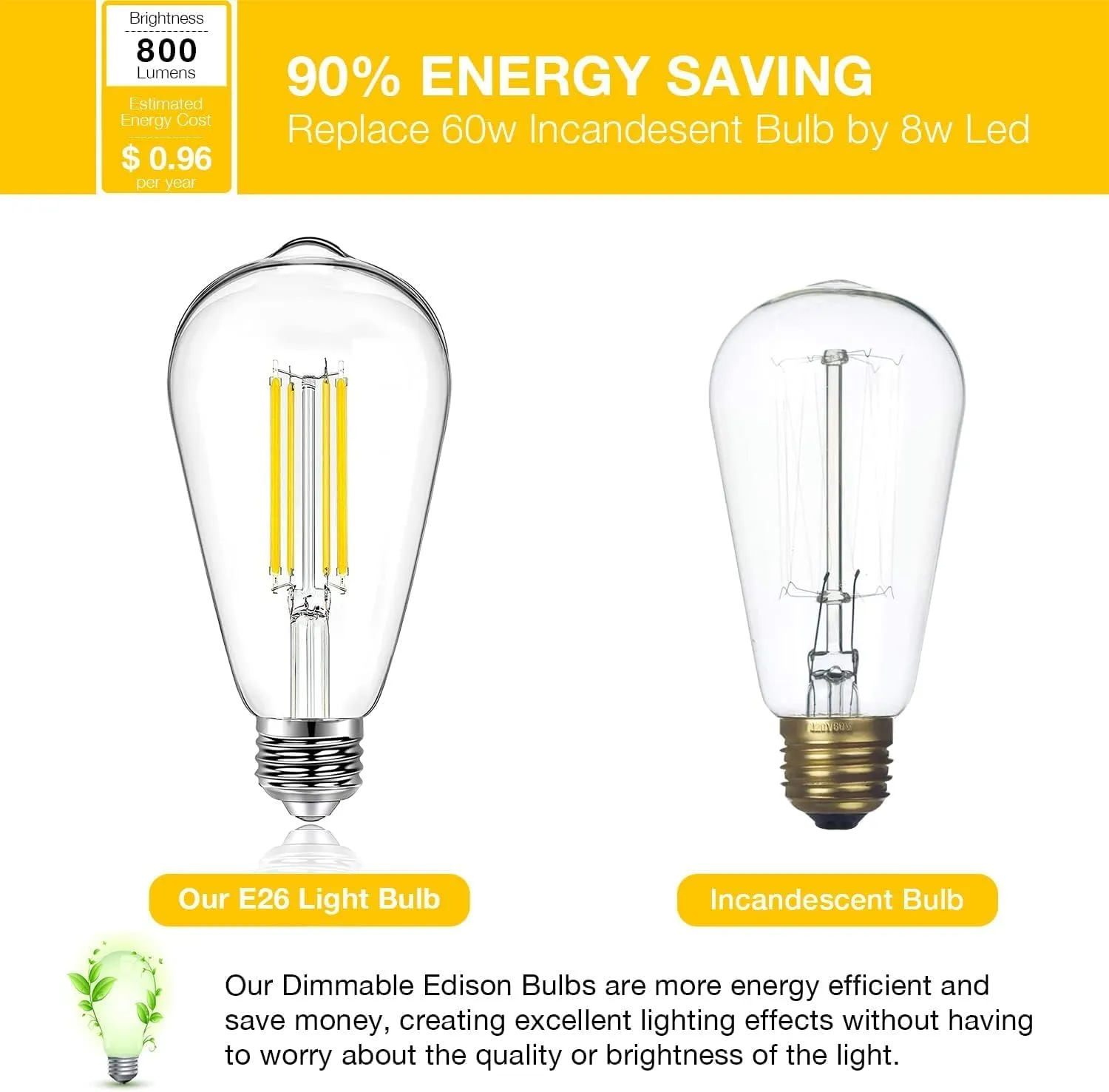 DAYBETTER 10 Pack LED Lights, Vintage LED Edison Bulbs 60 Watt Equivalent, ST58 Antique Filament Light Bulbs, E26 Dimmable Bulb with Neutral White 4000K, Brightness 8W, 800LM, Clear Glass