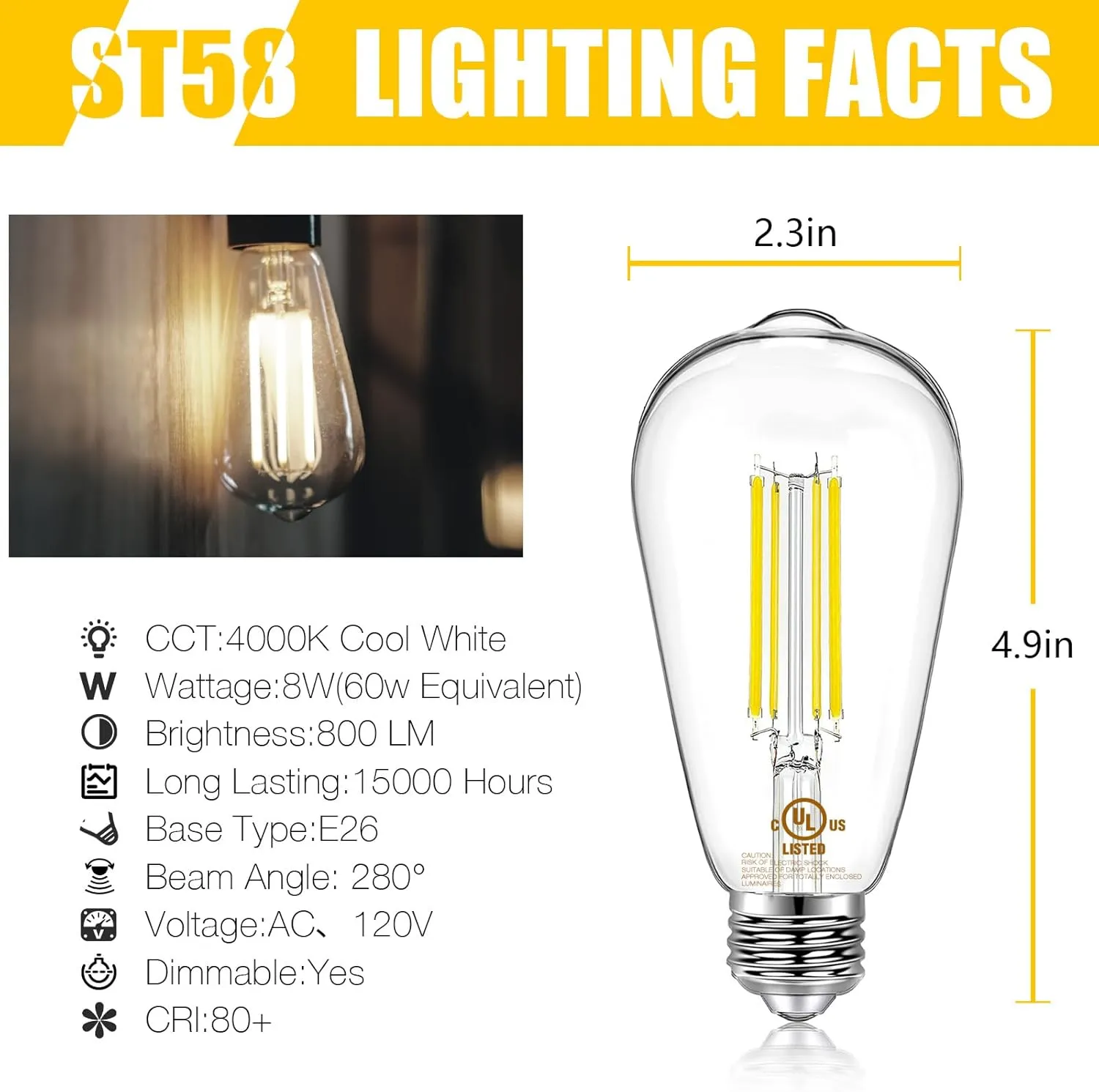 DAYBETTER 10 Pack LED Lights, Vintage LED Edison Bulbs 60 Watt Equivalent, ST58 Antique Filament Light Bulbs, E26 Dimmable Bulb with Neutral White 4000K, Brightness 8W, 800LM, Clear Glass