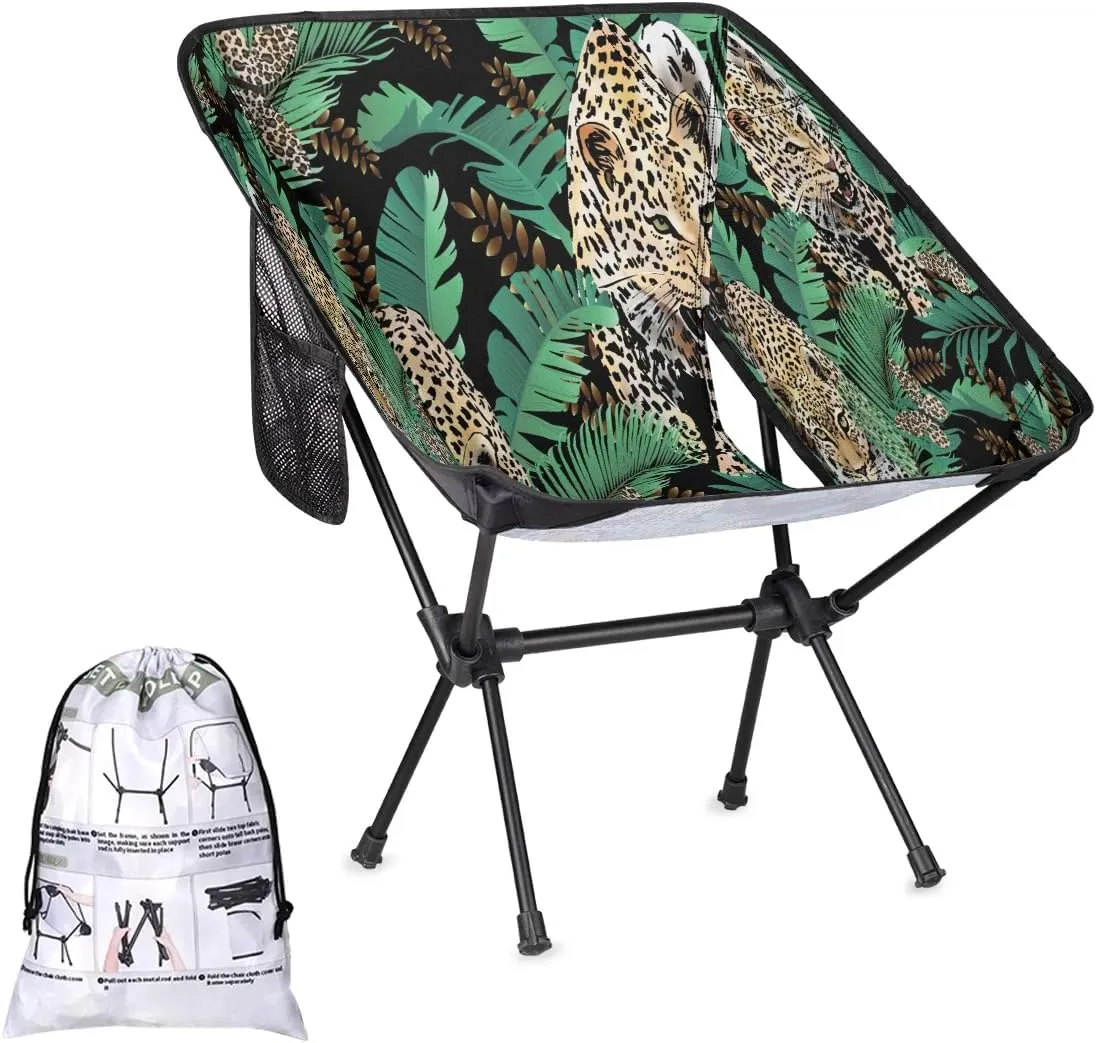 Deep Forest Tiger Tropical Leaf Portable Camping Chair Backpacking Chair for Adults Outdoor Folding Camping Chairs for Patio Camp Lawn Beach Travel Hiking