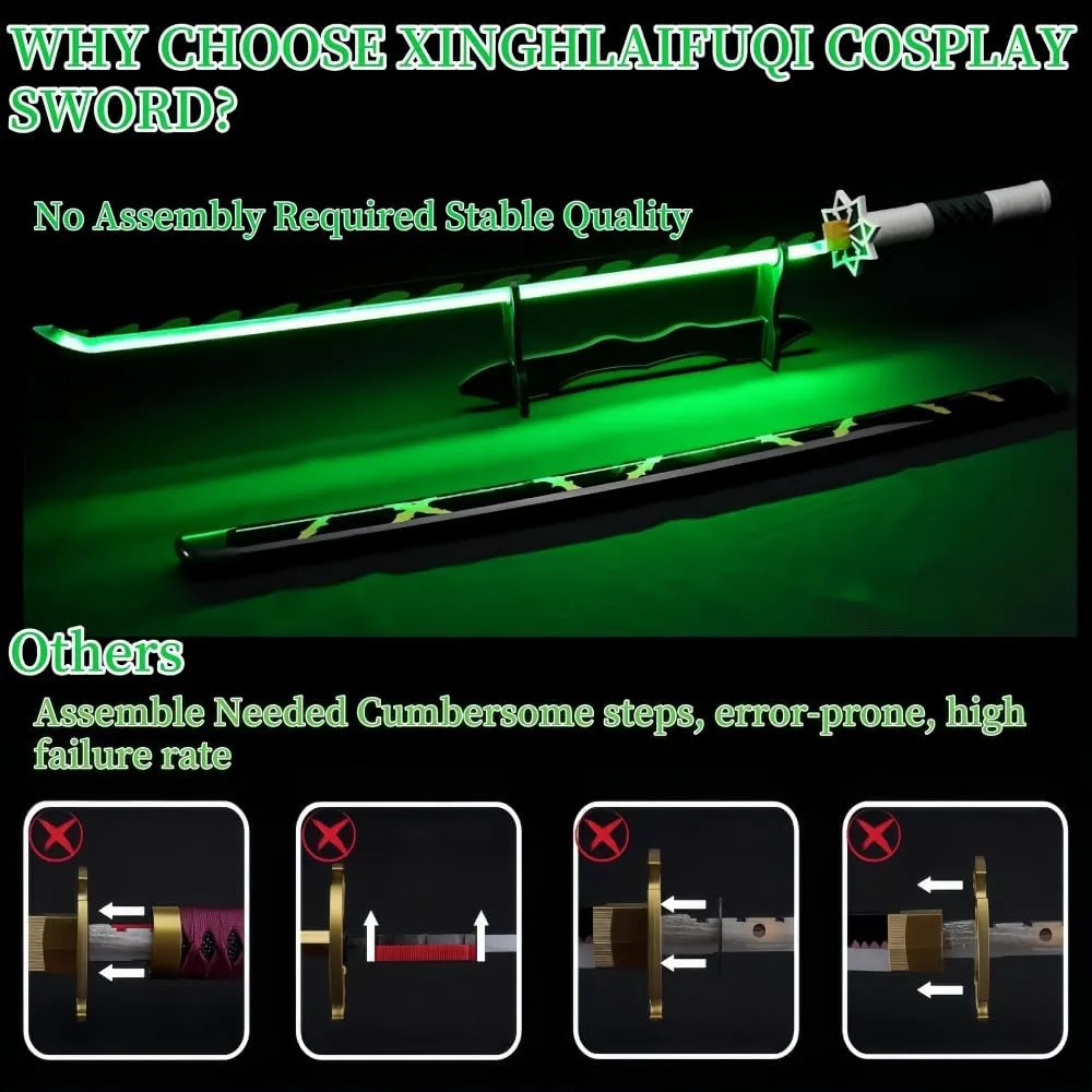 Demon Katana Sword, Light Up Sword, 41 Inches Rechargeable, with Display Stand and Belt, Suitable for sanemi Cosplay and Collection, Anime Original Texture.